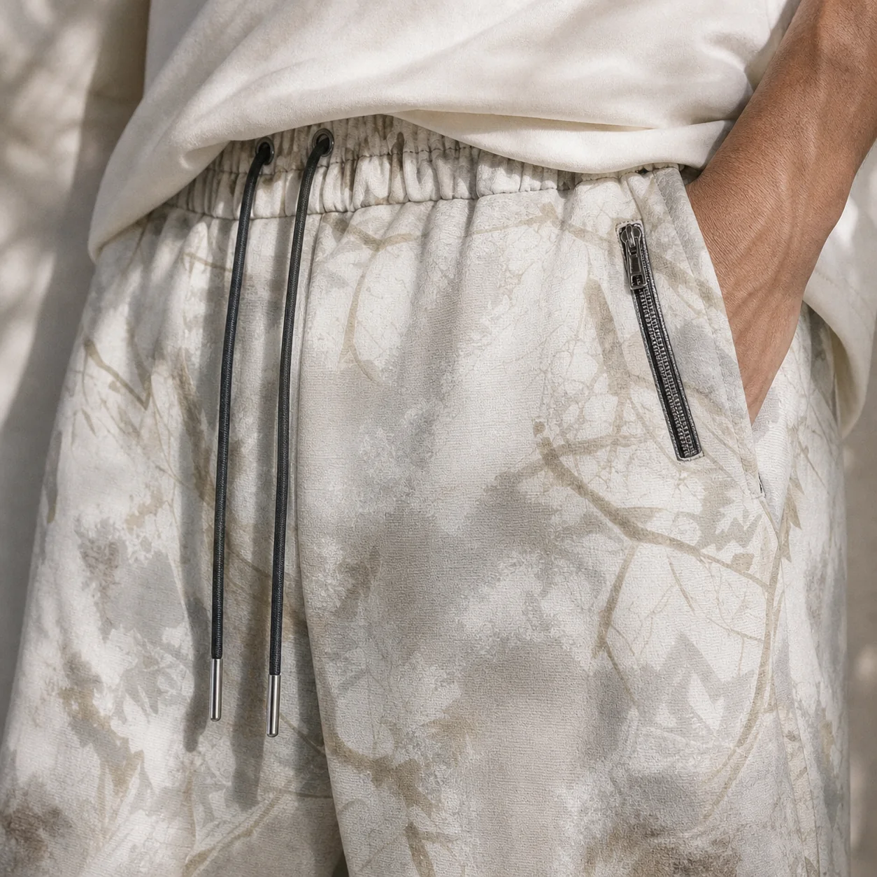 Stone Mist jogger fabric and waist detail