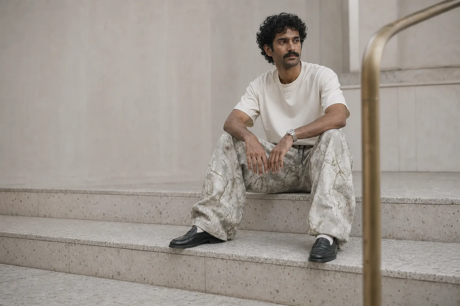 Stone Mist jogger campaign on a pale architectural stair