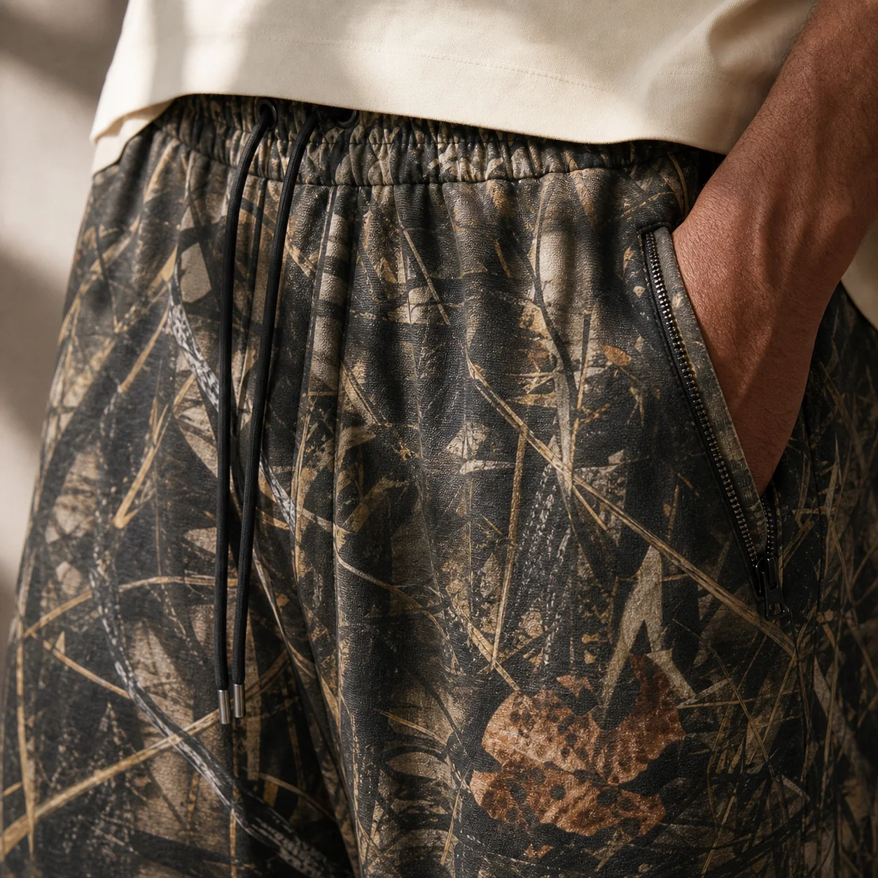 Woodland Drift jogger pocket and fabric detail