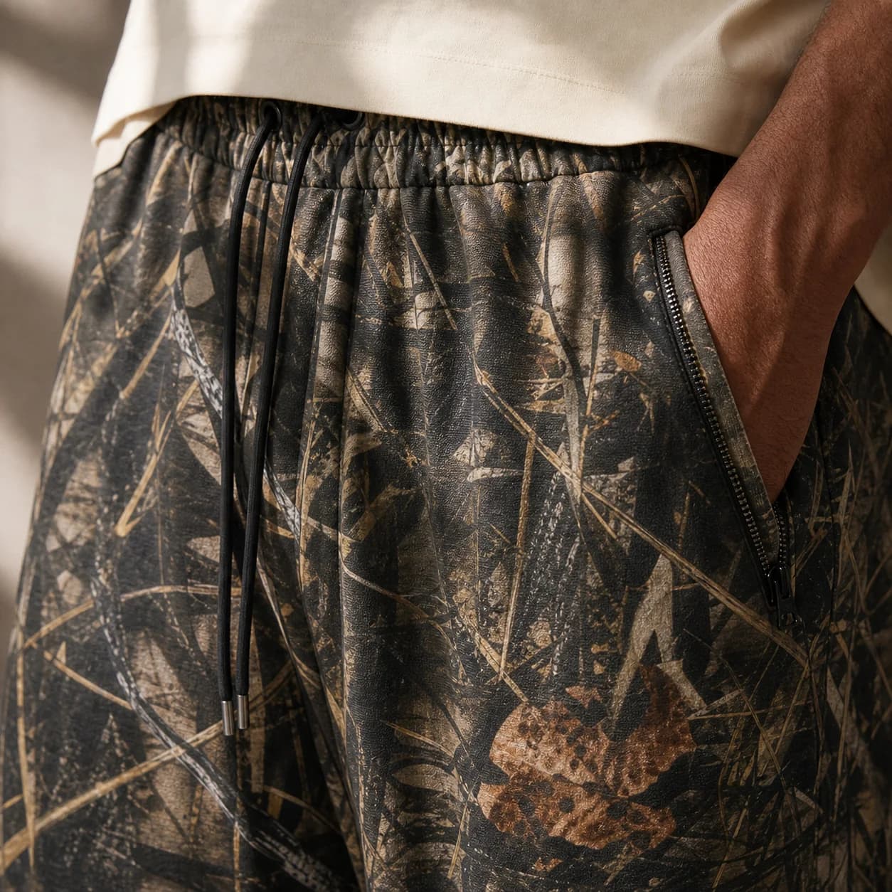 Woodland Drift fabric and pocket detail