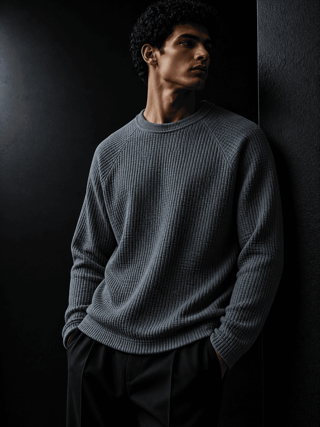 Model wearing the Blue Grey Waffle Tee