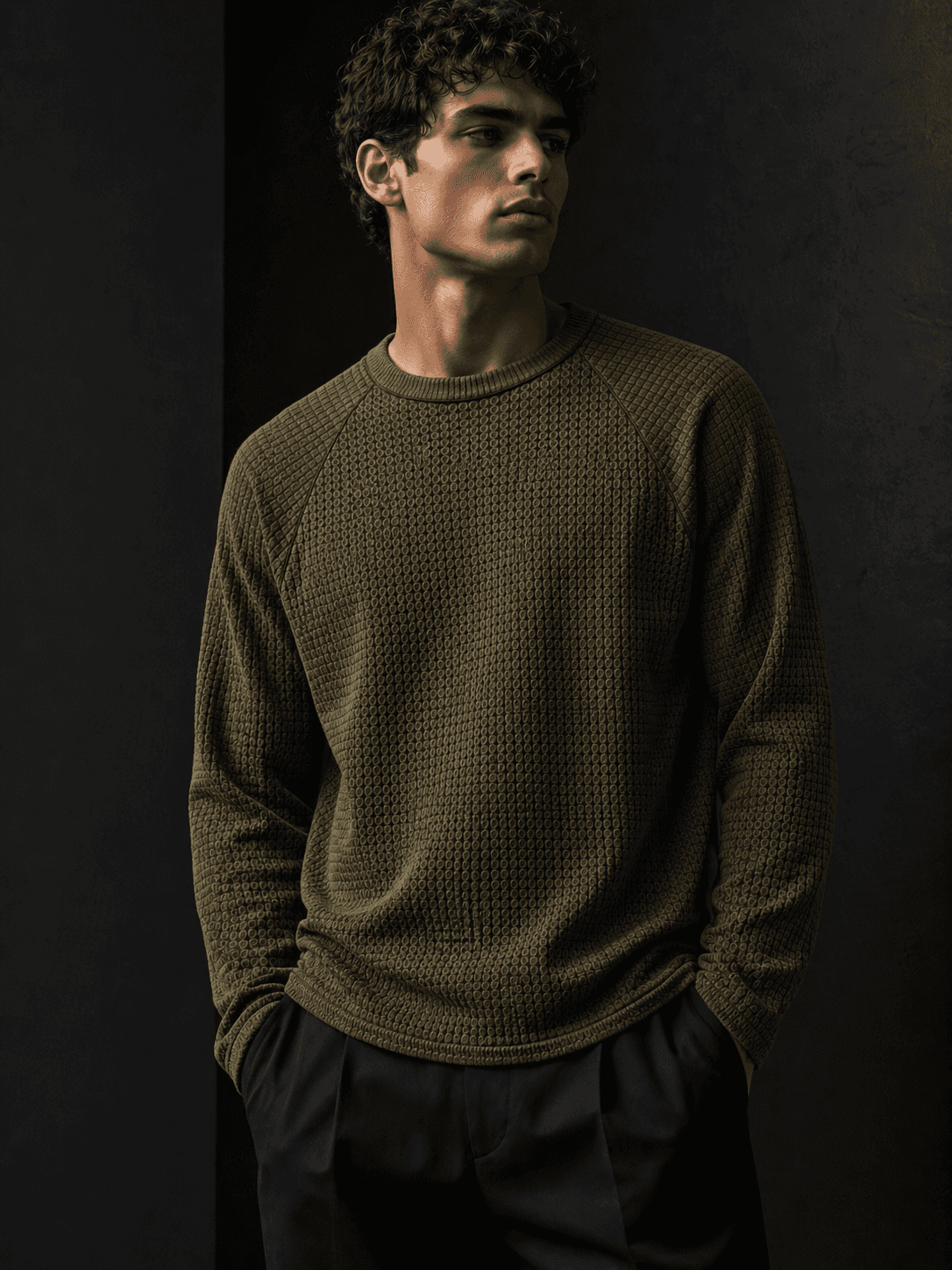 Model wearing the Olive Moss RYT Core Waffle Raglan Tee